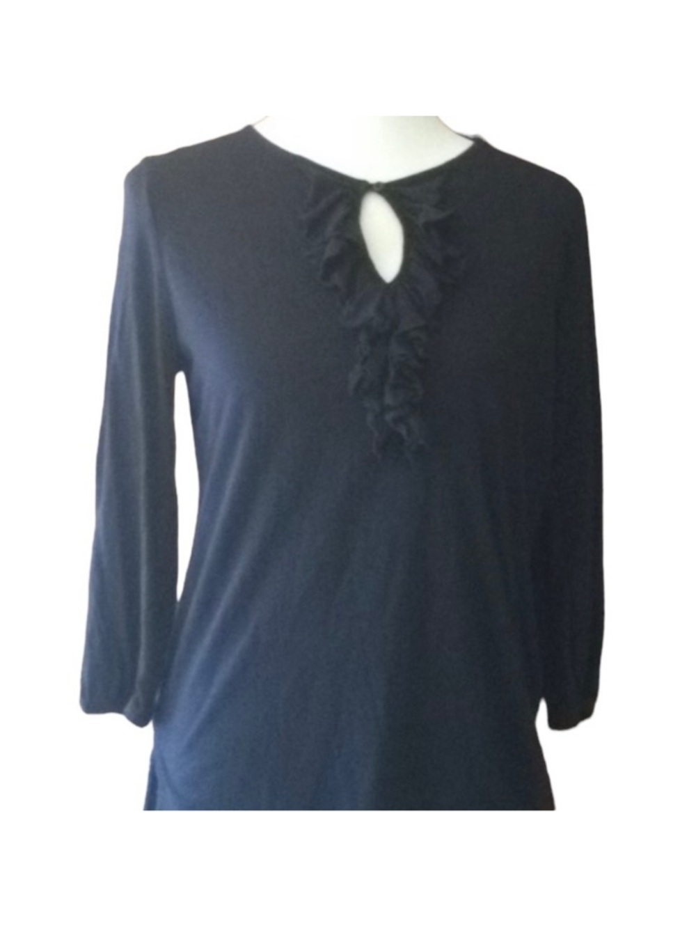 Jones New York Navy Blue Keyhole Ruffle Blouse, Cotton/Modal [Size Petite Large]